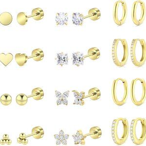 Hypoallergenic 14K Gold Surgical Steel Earrings Set - 12 Chic Pairs for Sensitiv